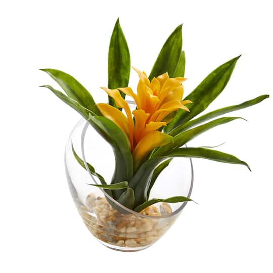 8&#x22; Yellow Tropical Bromeliad Arrangement in Angled Vase